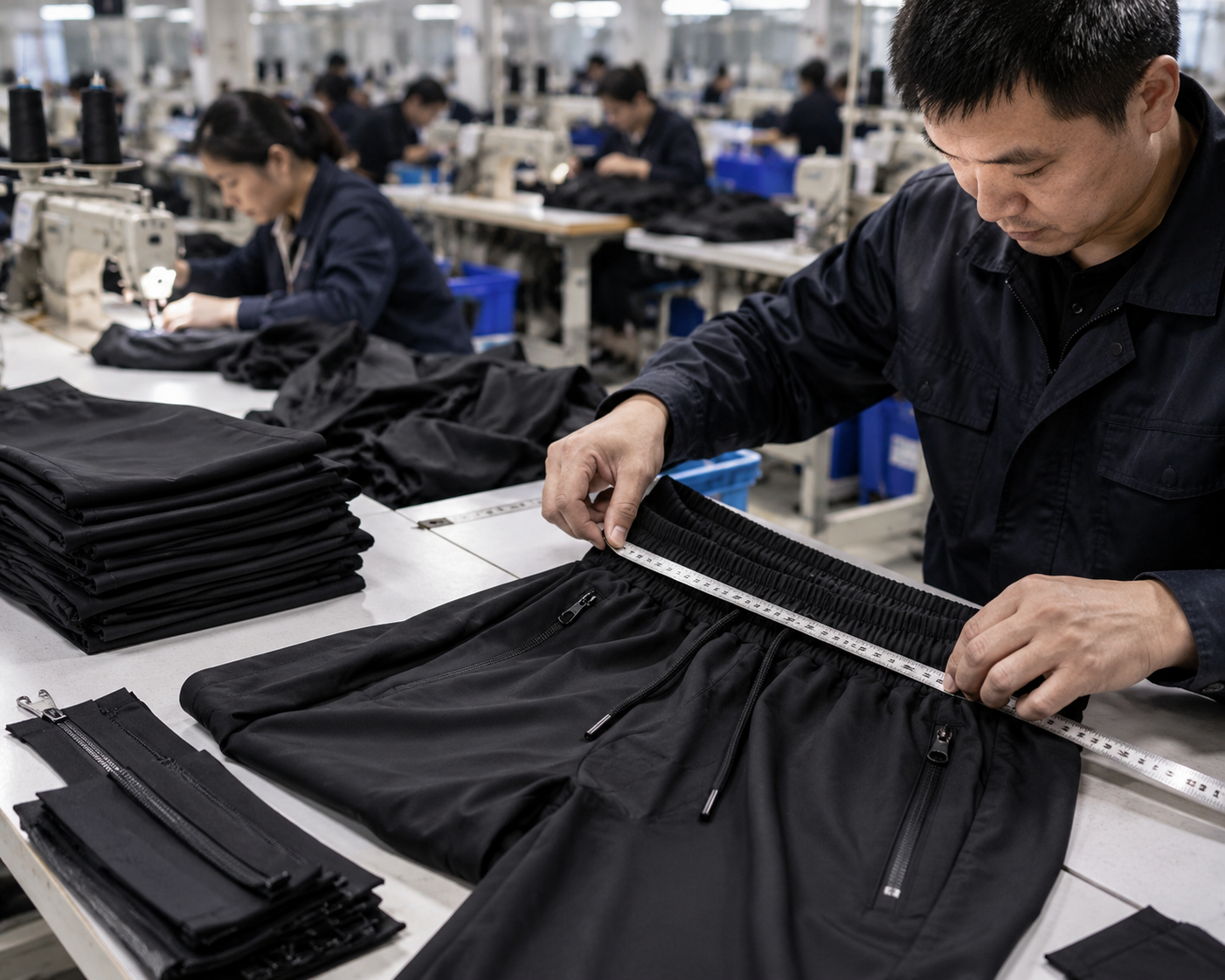 Track pants in-line production inspection